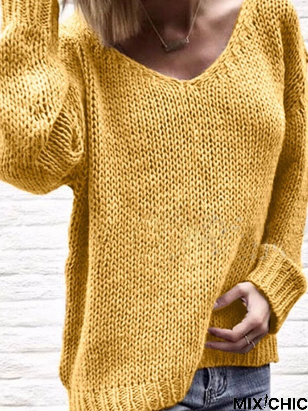 New V-neck Knitted Sweater Casual Plain Loose Sweater