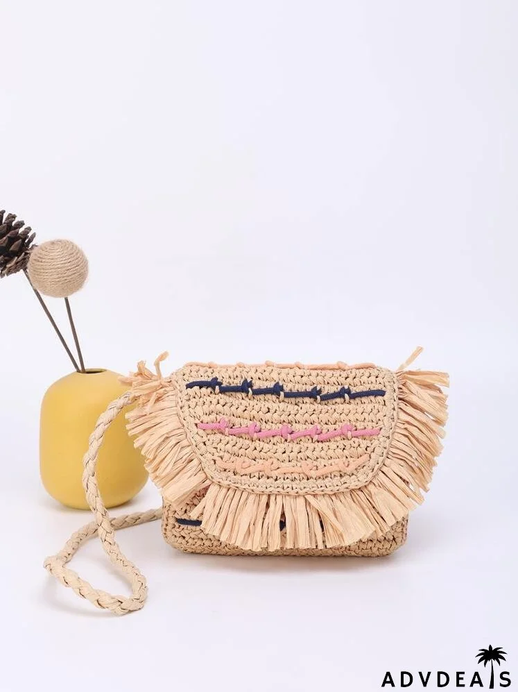 Mini Fringe Decor Flap Straw Bag