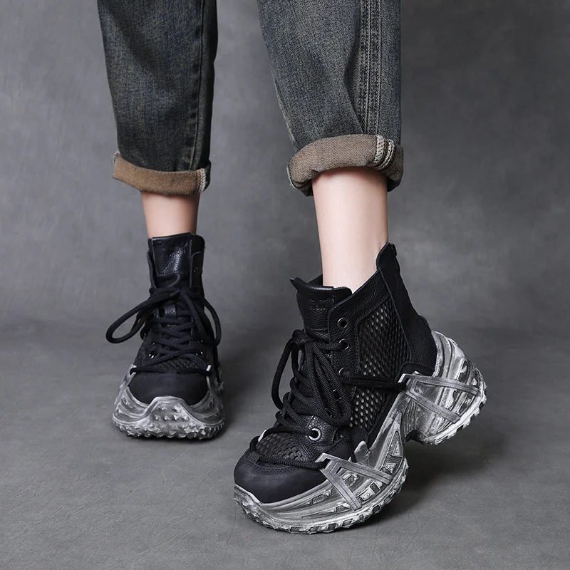 Yyvonne Layer Of Cow Skin Retro Cool Boots Women 2025 Summer New Breathable Hollow Mesh Sandals Thick Soles Leisure Short Boots