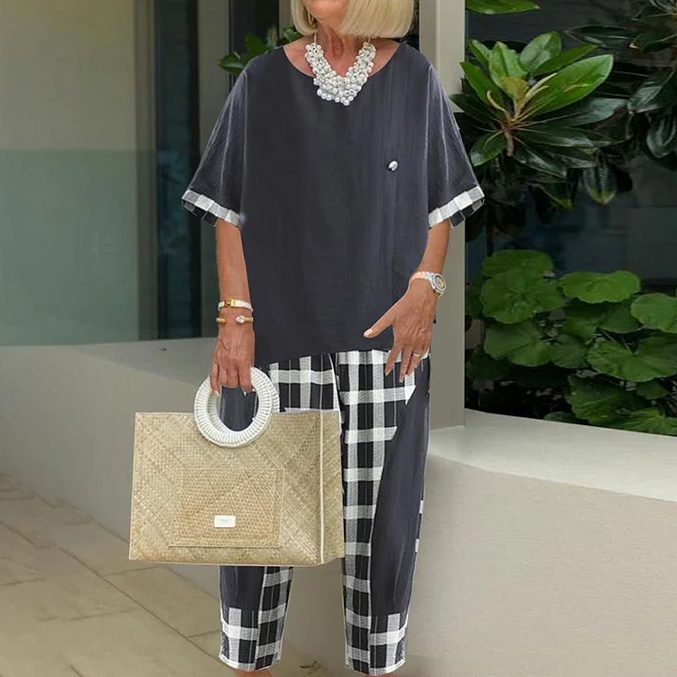 Casual Loose Plaid Stitching Solid Color Two-Piece Set