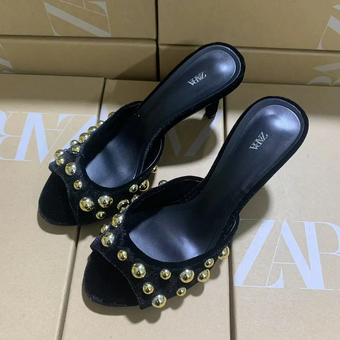 Breakj Breakj Spring New Rivet Slippers Black Women Wear Round-Headed High-Heeled Shoes