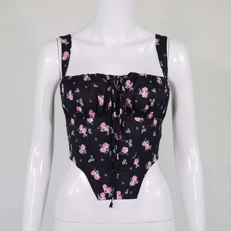 hirigin Floral Cami Top Women Sweet Print Hollow Up Tie Up Sexy Crop Top Summer Sleeveless Ruched Boning Bustier Casual Tank Top