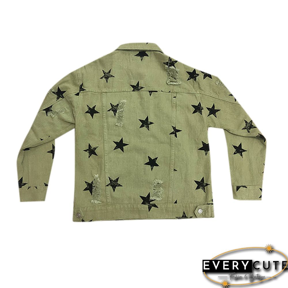 Green Star Print Distressed Denim Jacket