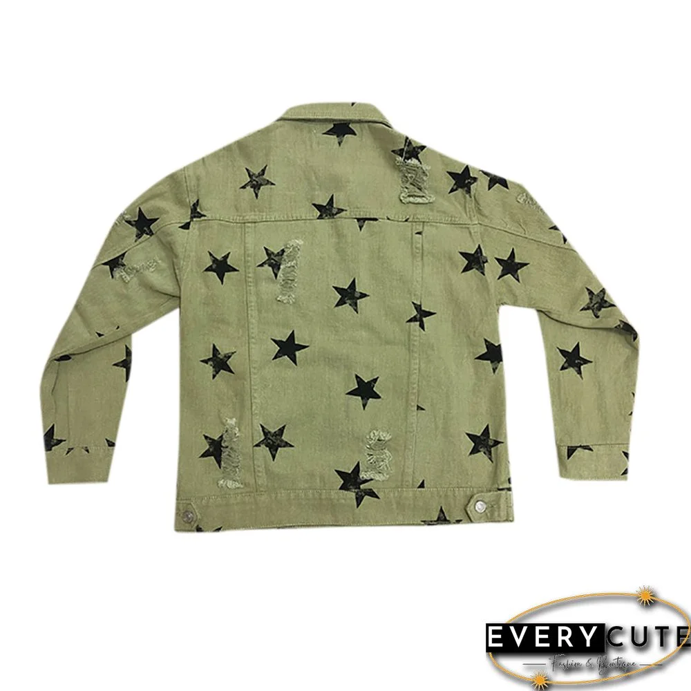 Green Star Print Distressed Denim Jacket