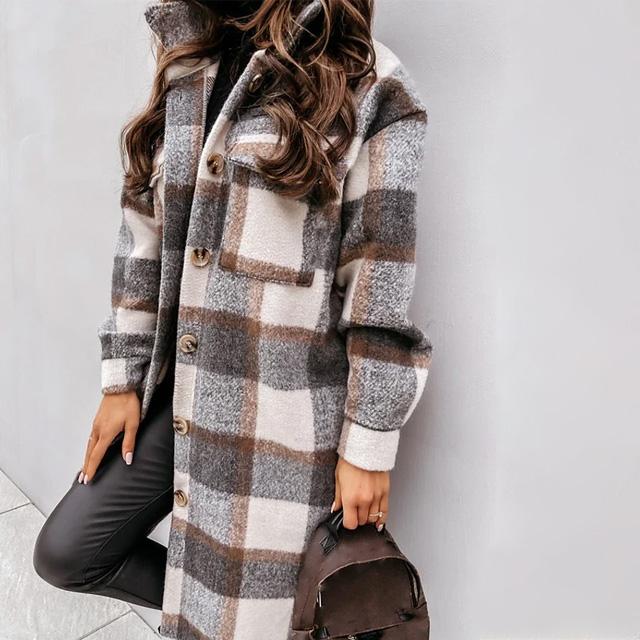  thdmladies Plaid Long Sleeve Patchwork Long Coat Jacket thedmladies