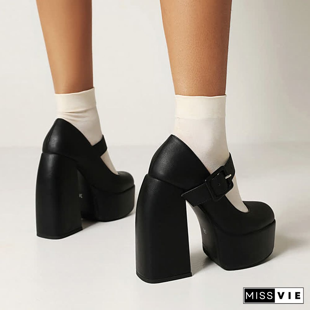 Pure Color Chunk High Heel Mary Janes Shoes