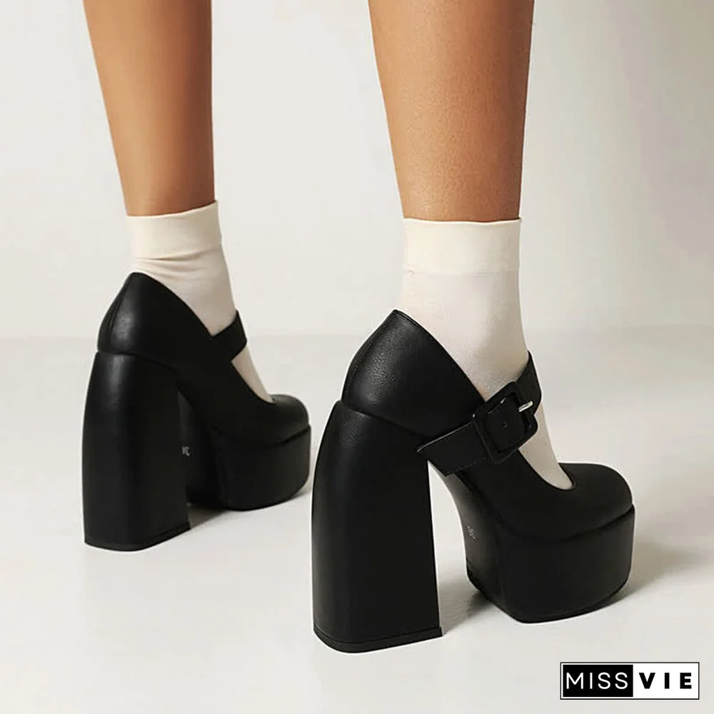 Pure Color Chunk High Heel Mary Janes Shoes