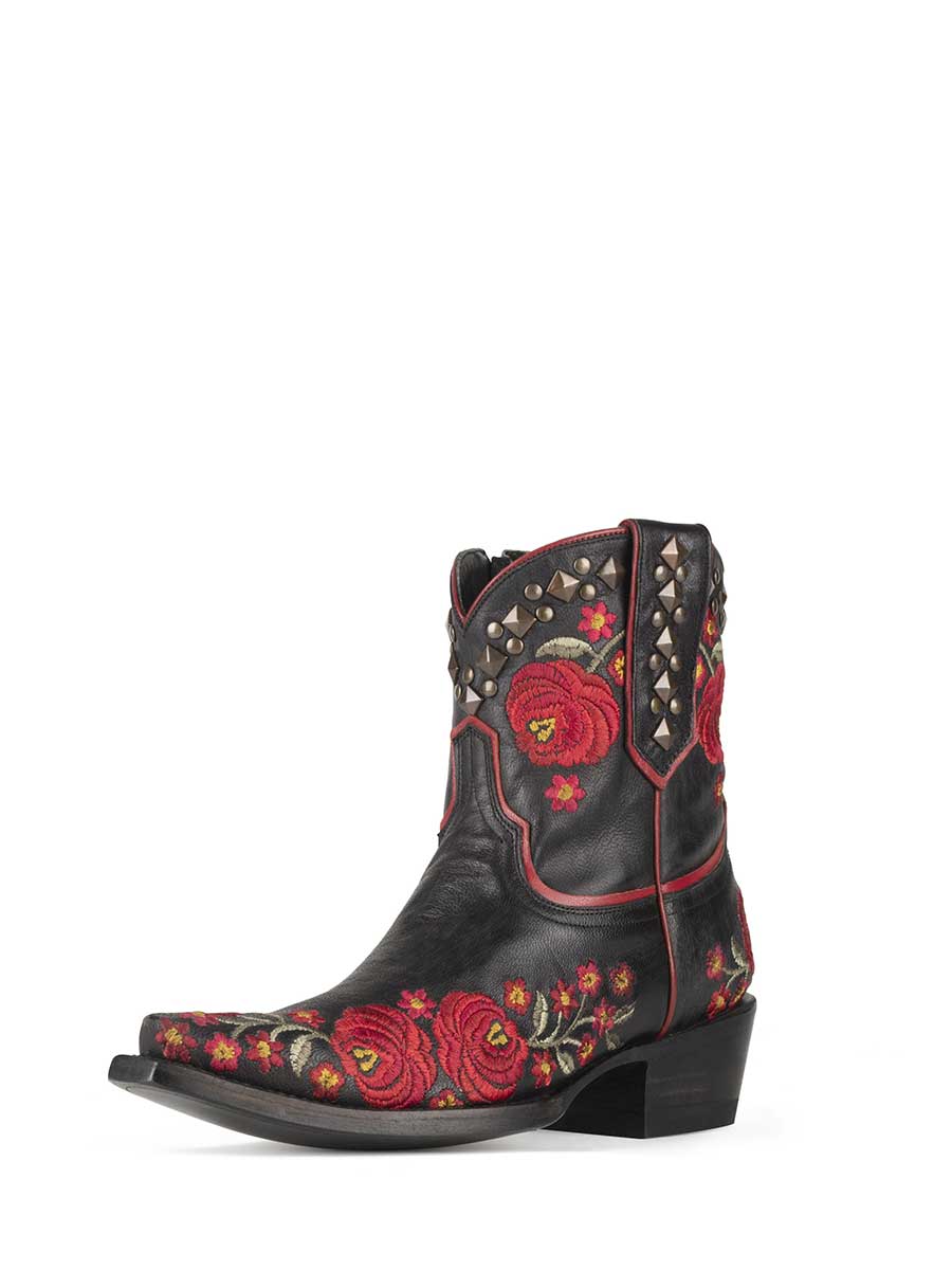 Black Snip Toe Chunky Heel Floral Embroidery Studded Cowgirl Booties Nicepairs