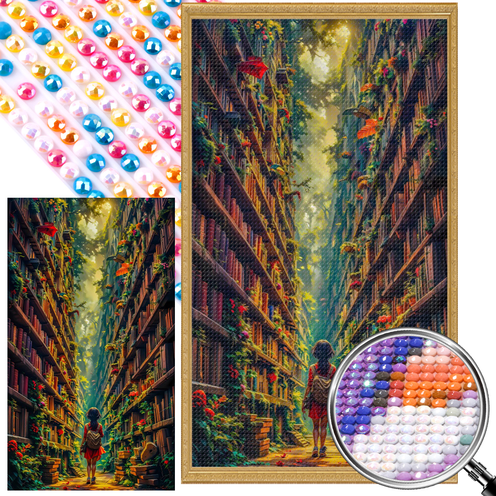 Girl In The Bookshelf 40*70cm(picture) full round drill diamond painting with 3 to 5 colors of AB drills