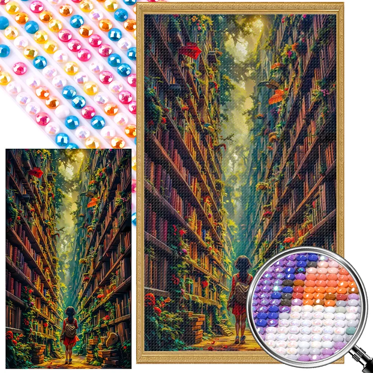 Girl In Bookshelf - Full Round(Partial AB Drill) - Diamond Painting(45*75cm)