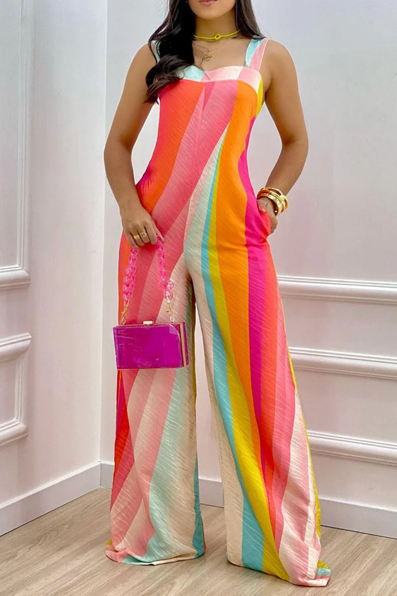 Casual Print Split Joint Spaghetti Strap Straight Jumpsuits