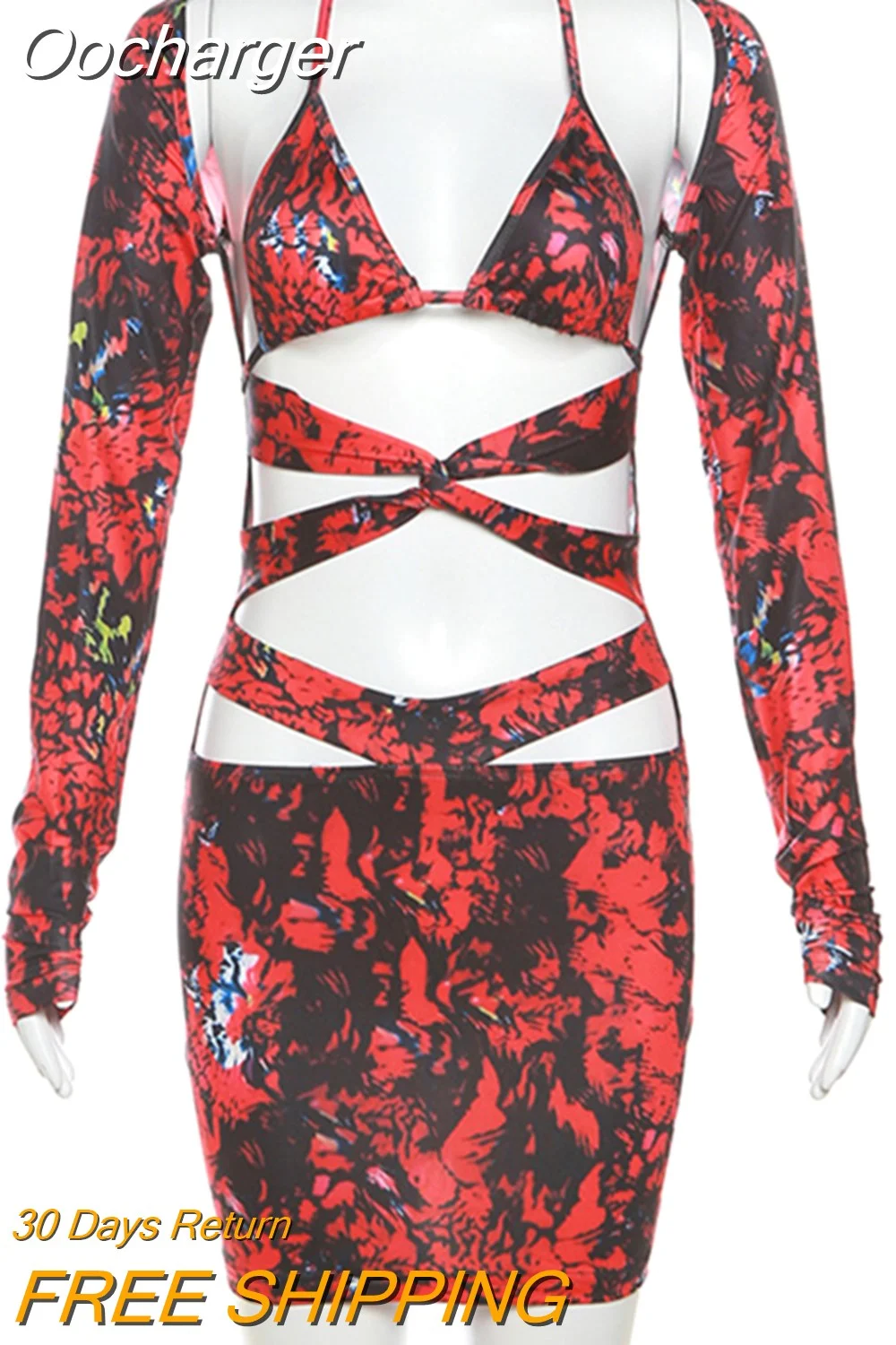 Oocharger Hollow Out Print Sexy Mini Dress For Women Robe New Strapless Long Sleeve Backless Printed Skinny Club Party Dress