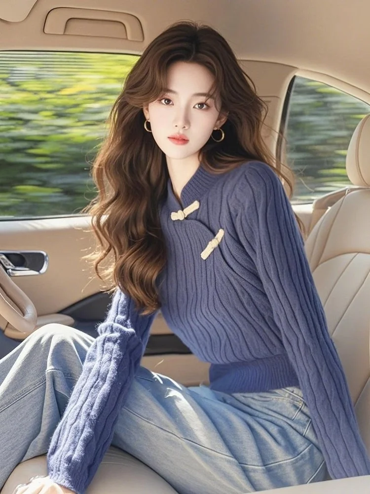 Athvotar Athvotar Chinese Style Blue Retro Collared Knitted Bottom Shirt 2025 Autumn And Winter New Chic Long-Sleeved Top