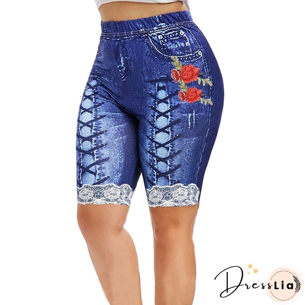Women Lace Up Floal Print Faux Faux Denim Shorts Casaul Slim Fit Capri Shorts Leggings