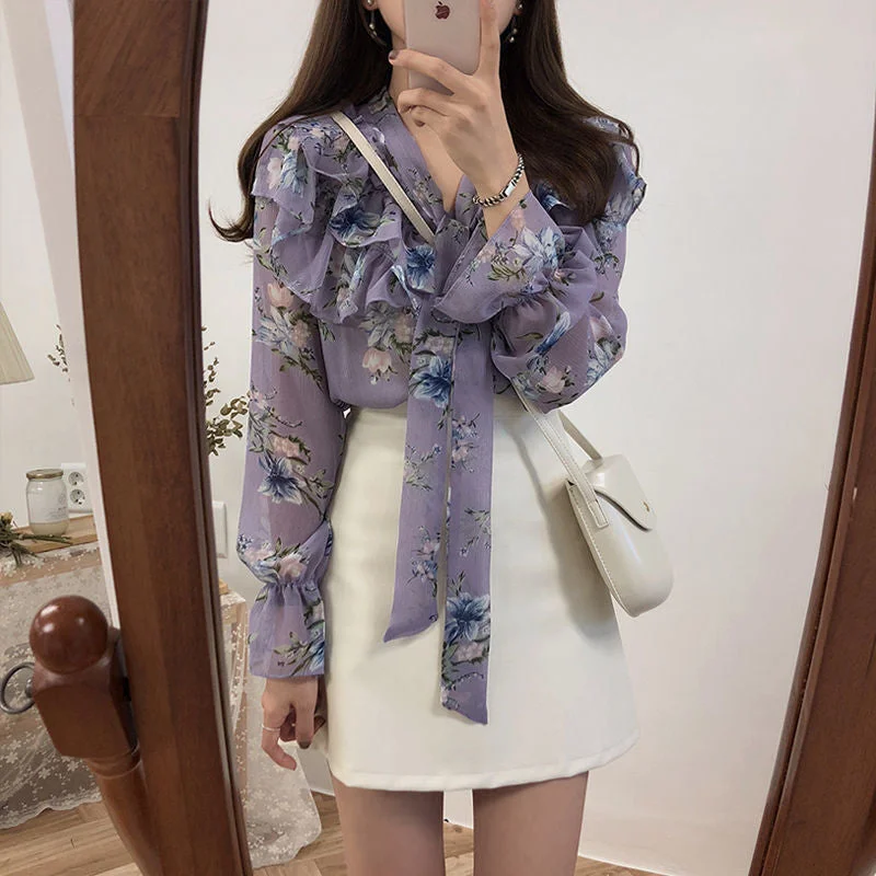 Shirts Women Purple Floral Ruffles Korean Style High Street Vintage Design Loose Leisure All-match Spring Chic Ladies Tops Daily