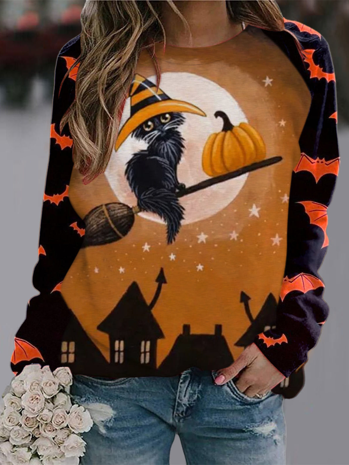 Women Long Sleeve V-neck Graphic Floral Printed Top