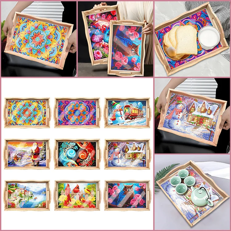 Diamond Painting Wooden Serving Tray with Handle Decorative Trays  Rectangular Wooden Tray Dinner Organizer Tray for Serving Food