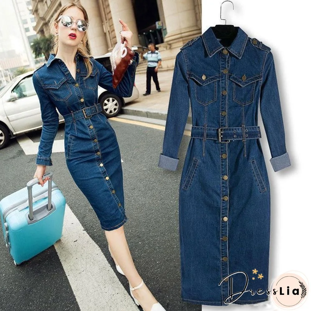 Women Denim Dress Winter Office Slim Big Size Jeans Mid-Cuff Dress Cowboy Dress With Belt For Women Jeans Dress Plus Size