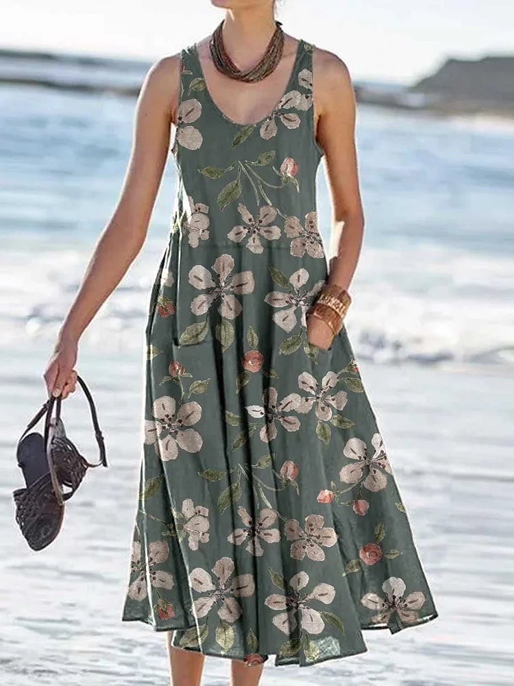 Women's Retro Floral Pattern Tank Top Dress with Pockets