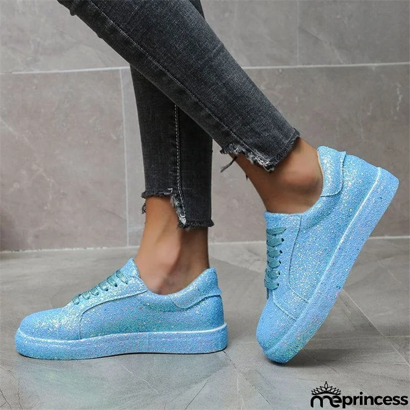 Women's New Cozy Casual Solid Color Sequin Lace-up Shoes