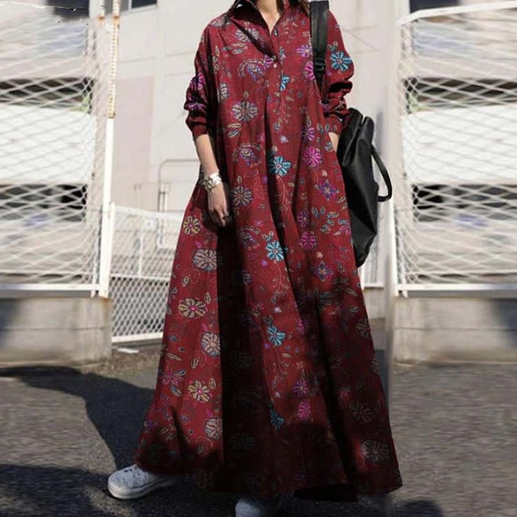 Cotton And Linen Vintage Print Ethnic Style Pullover Long Sleeve Big Hem Dress