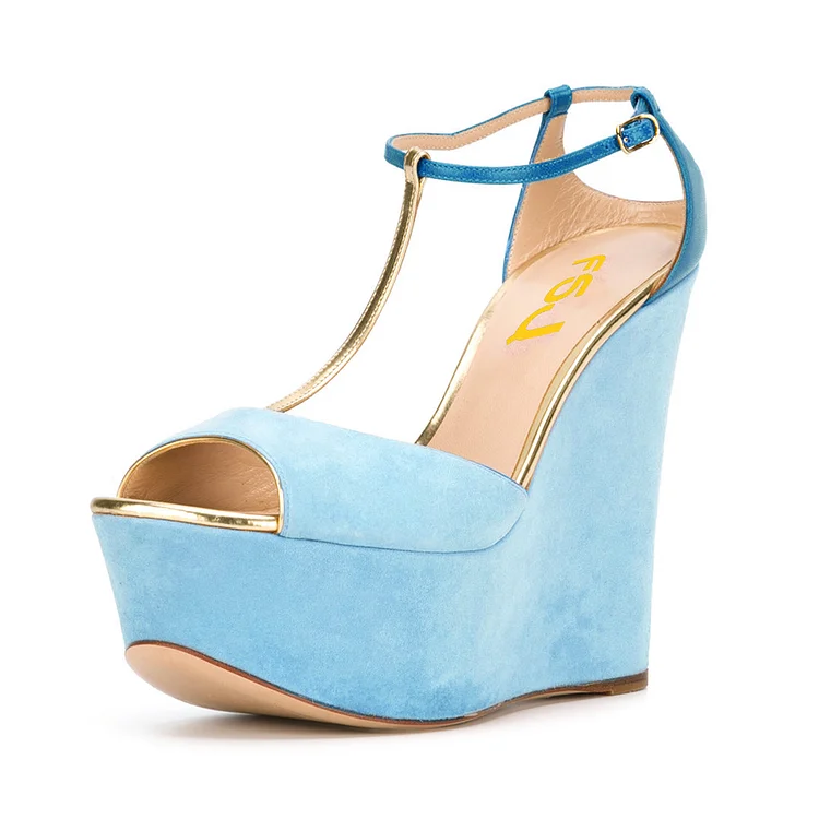 Light Blue Wedge Sandals T-strap Suede Peep Toe Platform Heels |FSJ Shoes