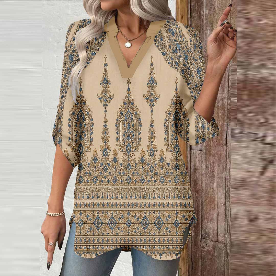 Women Retro, Bohemian, Khaki DZGA0190 3/4 Sleeve V-neck Printed Graphic Button Tops