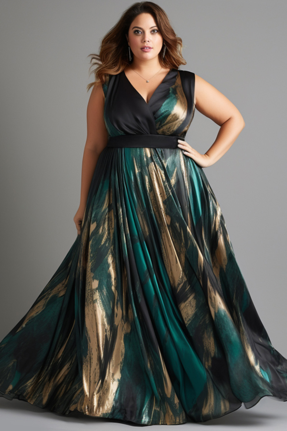 Flycurvy Plus Size Wedding Guest Black Satin Printed Wrap Sleeveless Maxi Dress