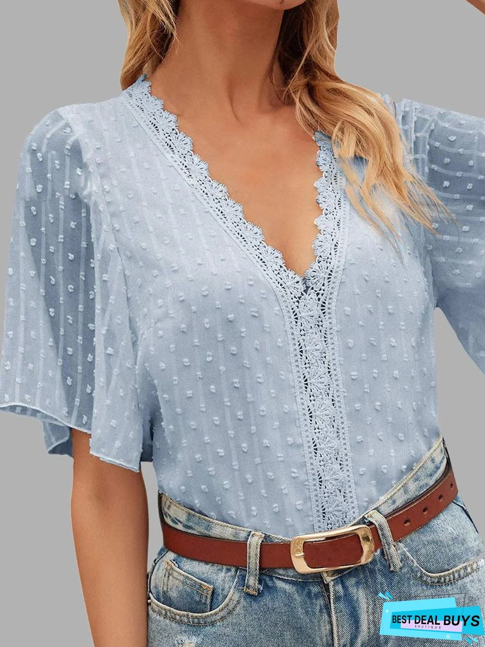 Casual Solid Color Lace V-Neck Short Sleeve Blouse