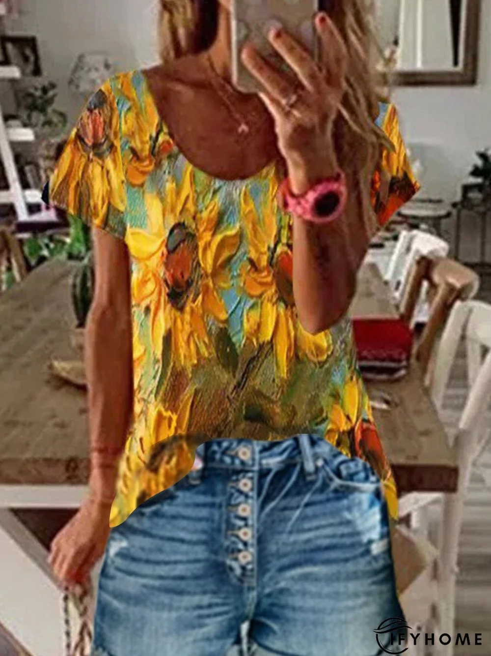 Floral Crew Neck Shift Sunflower Short Sleeve T-shirt | IFYHOME