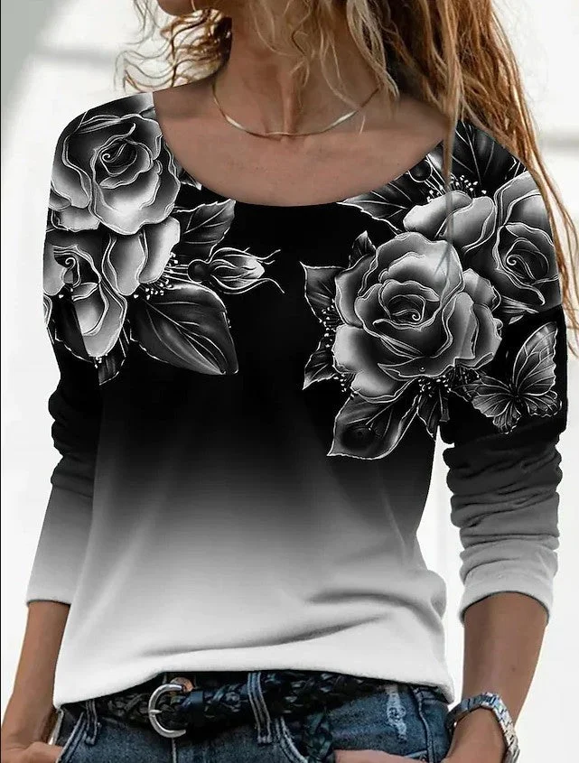 Brownm Long Digital Printing Sleeve Loose Neck Casual Pullover Print T-shirt