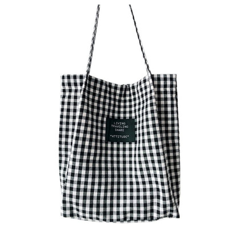 Fashion Durable Women Student Cotton Linen Single Shoulder Bag Shopping Tote Check Plaid Female Flax Canvas  Bags US Mall Lifes
