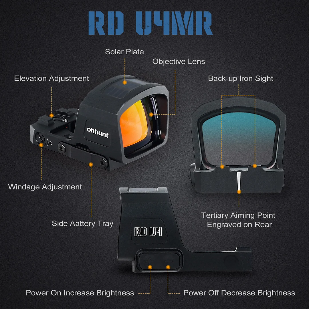 ohhunt&reg; RD U4MR Extra-Large Window Shake Awake Red Dot Sight with Multi-Reticle, Solar Panel, Side-Mounted Battery, RMR Footprint Cut & Picatinny Mount