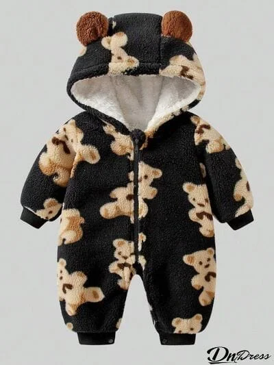 Bear Zip Up Long Sleeve Hooded Jumpsuit