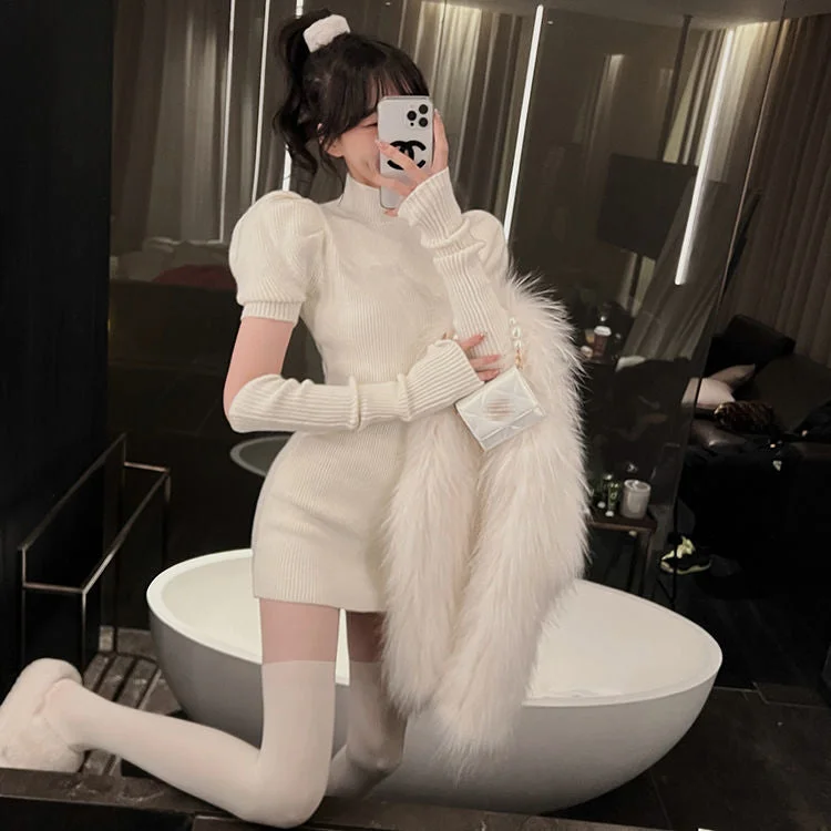 Puff Sleeve Dress Women Solid Knitting Stretchy Skinny Cozy Sweet College Half High Collar Vacation Female Vestidos Sexy Girls