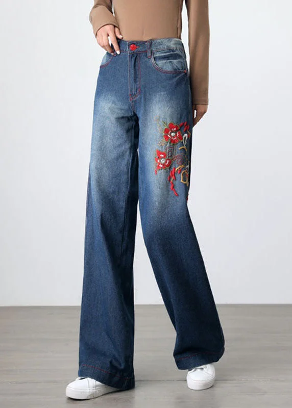 Retro Blue Embroideried Pockets Patchwork Denim Wide Leg Pants Spring