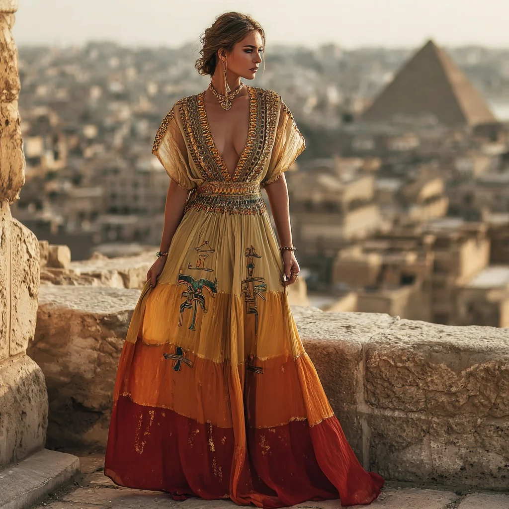 Women's Vintage Egyptian Tribal Art Short Sleeve Dress