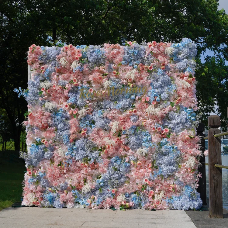 5D Blue and Pink Fabric Artificial Rolling Up Curtain Flower Wall