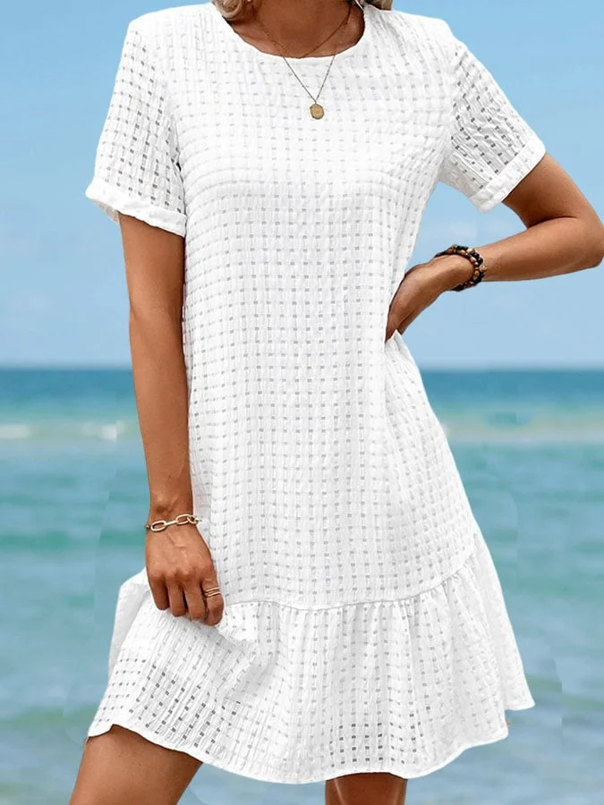 Women'S Casual Solid Color Round Neck Short Sleeve Ruffle Dress