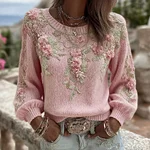 Women's Pink Floral Embroidery Art Cozy Knit Pullover Sweater - Image 2