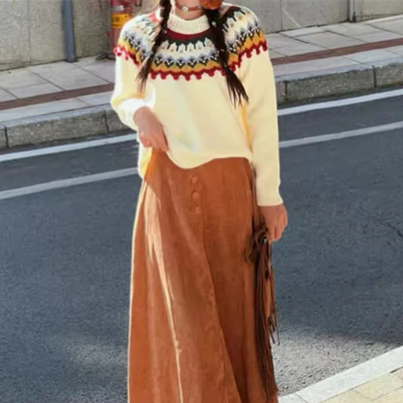 Churchf Churchf National Style Jacquard Small Red Sweater Design Sense Contrast Color Thick Sweater Autumn Winter New Foreign Style Jacket