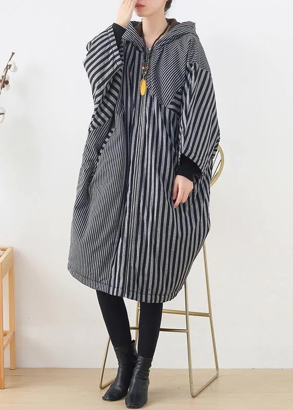 Elegant gray striped womens coats oversized winter hooded patchwork outwear