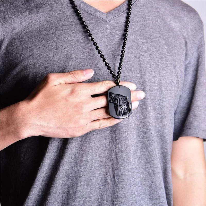 Black Obsidian Stone Wolf Purification Pendant Necklace