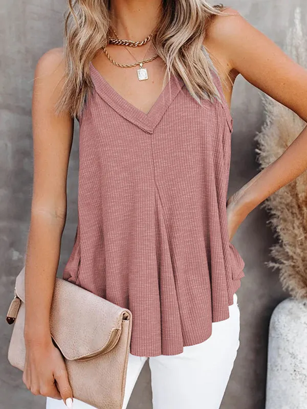 Loose Sleeveless Pleated Solid Color V-Neck Vest Top