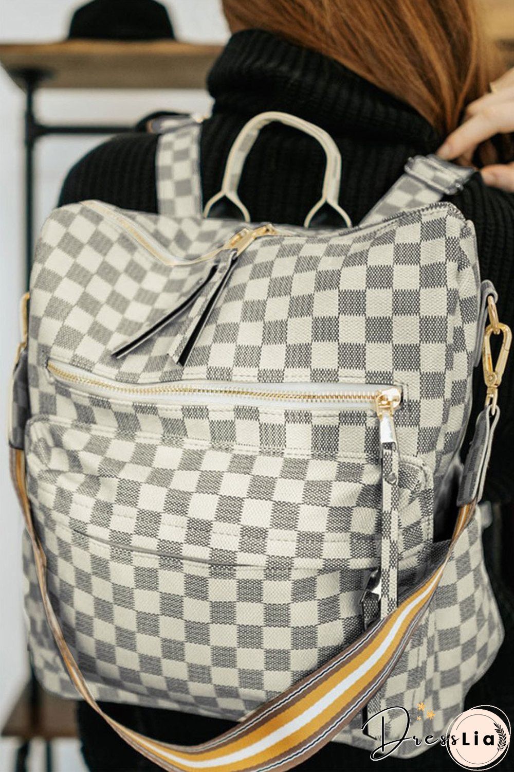 Retro Faux Leather Check Pattern Print Rucksack Vegan Backpack Tote