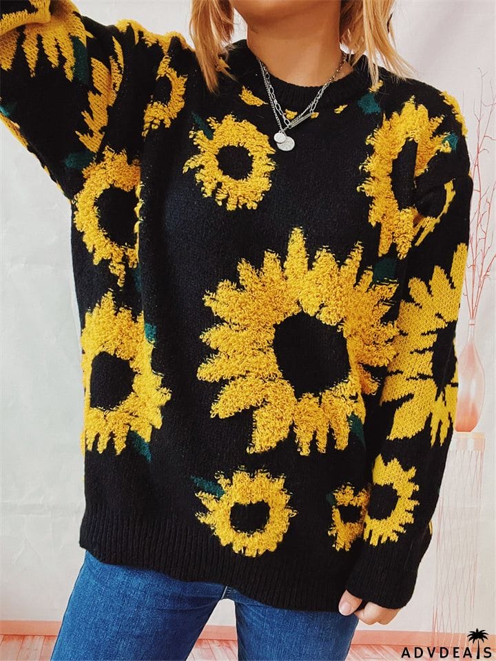 Female Sunflower Crew Neck Pullover Knit Sweater