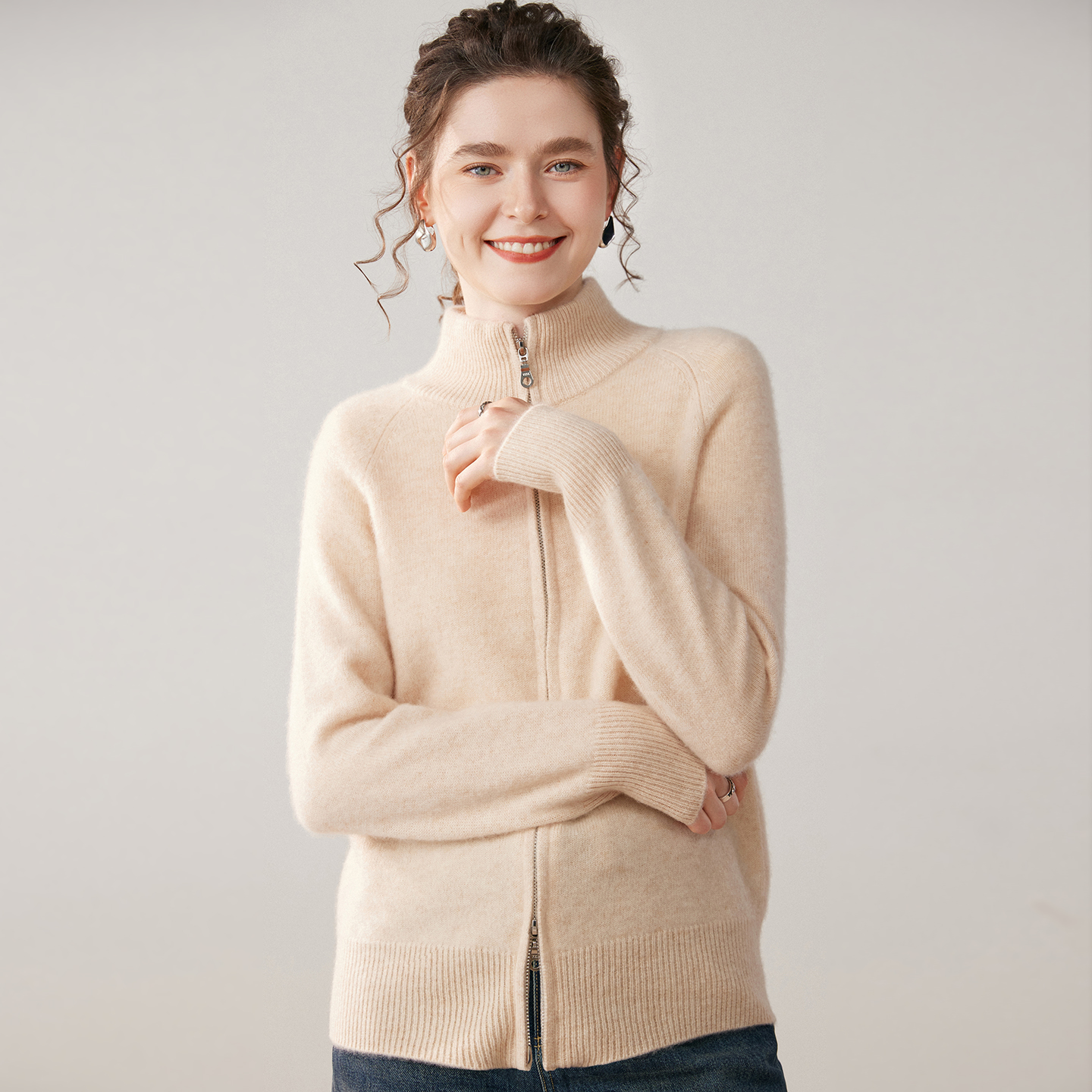 Women's Turtleneck Zip-Front Cashmere Cardigan REAL SILK LIFE