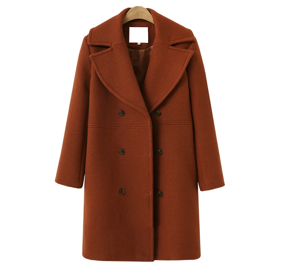 Uveng Women's Large Woolen Double-breasted Mid-length Coats