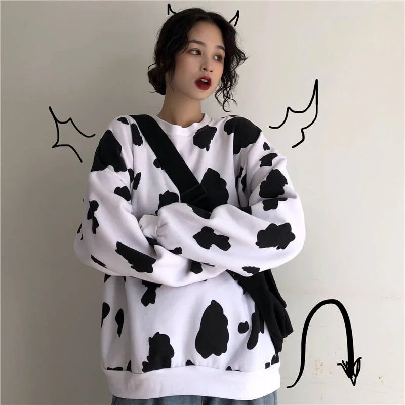 Budgetg Autumn Hoodie Sweatshirt Women Tops Loose Casual Milk Print Hoodie Streetwear Girl Pullover Japan Hoodies Funny Female