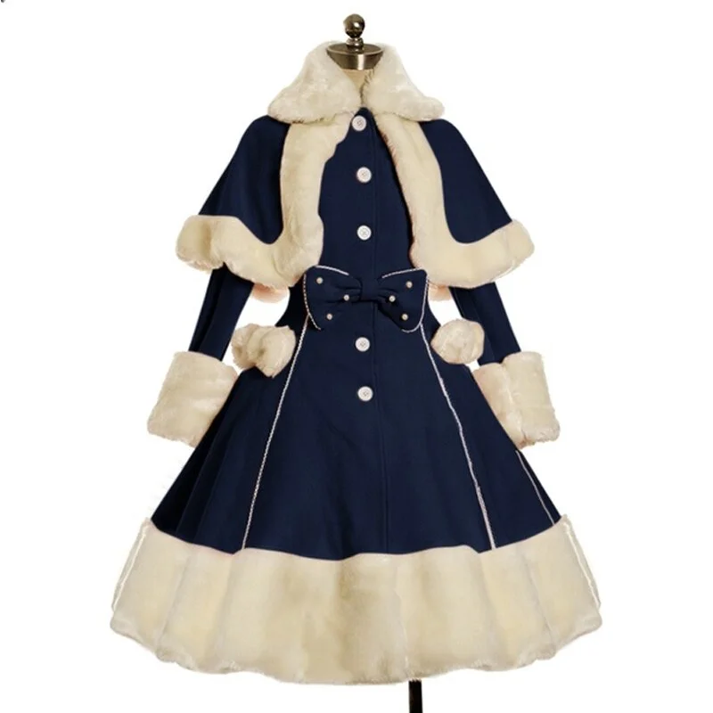Yskkt Women Lolita Autumn Coat Warm Fur Collar Bowknot Dress Jacket Fashion Sweet Princess Breasted Overcoat Halloween Costume